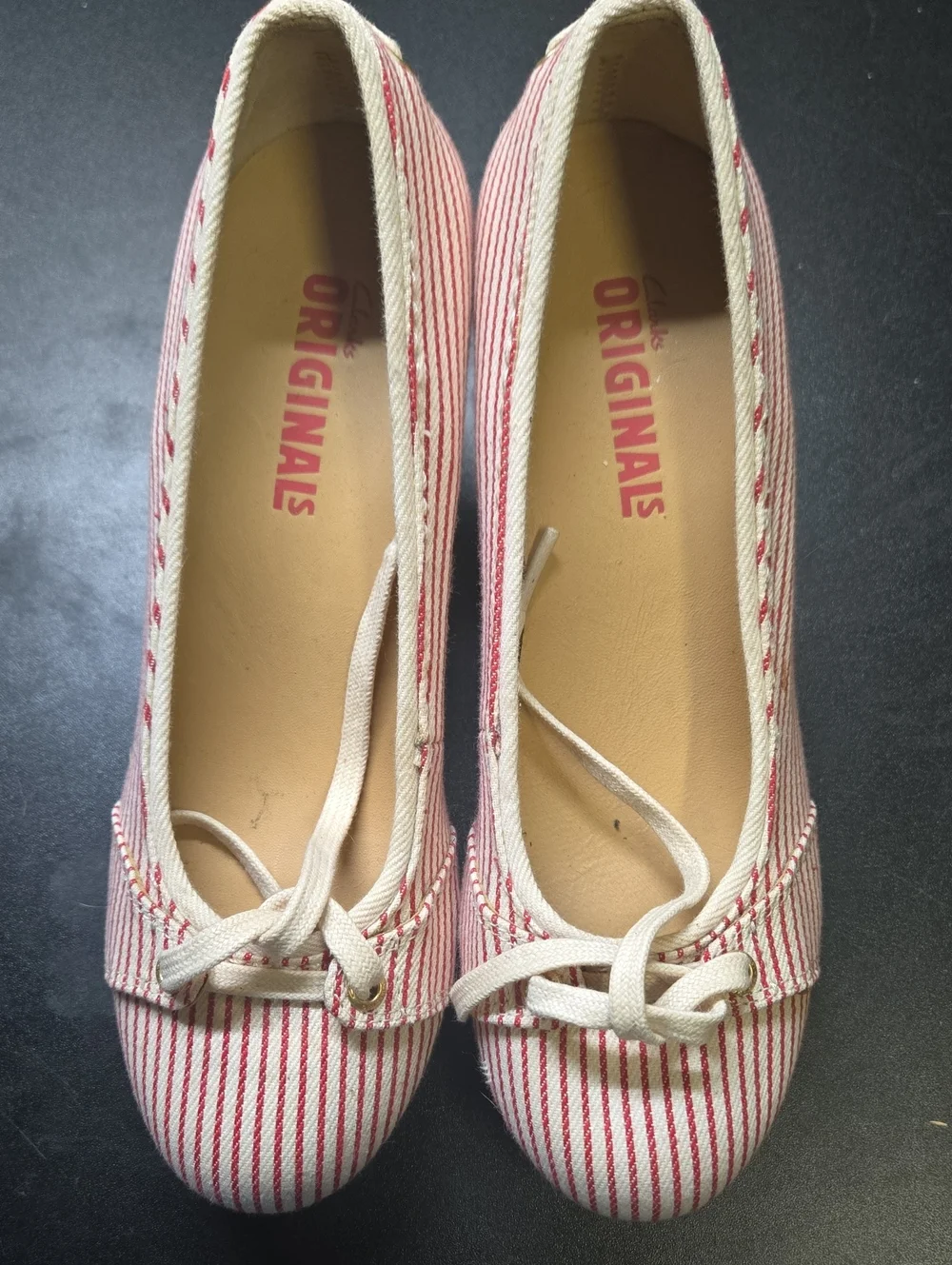 Clarks Women's Red and Cream Striped Wedge Flats